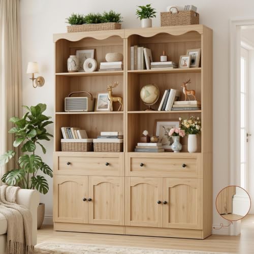 Cyclysio 2 Set 80" Tall Bookcase with Doors, Drawer & 3-Tier Open Shelves