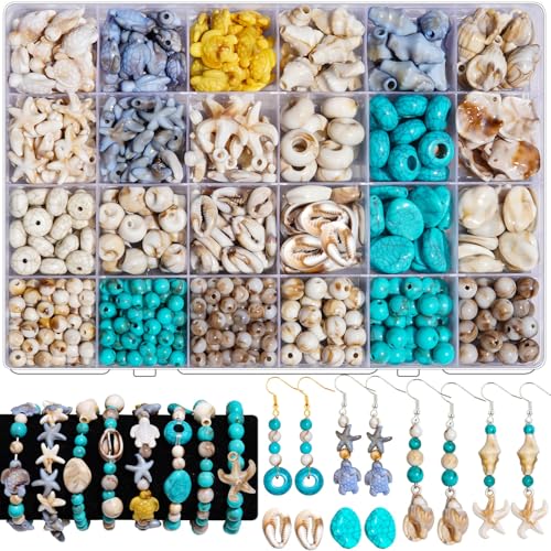 600+Pcs Ocean Beads for Bracelets Making Kit, Acrylic Boho Ocean Beach Seashell Bead Starfish Turtle Conch Charms Summer Sea Dangle Pendant for Earring Necklace Gift Anklet DIY Craft Jewelry Making