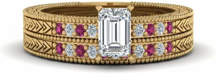 Choose Your Gemstone Antique Design Pave Wedding Ring Set Yellow Gold Plated Emerald Shape Milgrain Engagement Rings Minimal Modern Design Birthday Gift Wedding Gift US Size 4 to 12