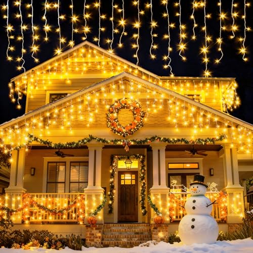 Luci Natale Esterno, 10M 400 LED Luci di Natale da Esterno Cascata con Timer & 8 Modalità, Tenda Luminosa Natale IP44 Impermeabili, Luci Esterne Natalizie per Balcone, Natale, Tetto, Giardino, Festa