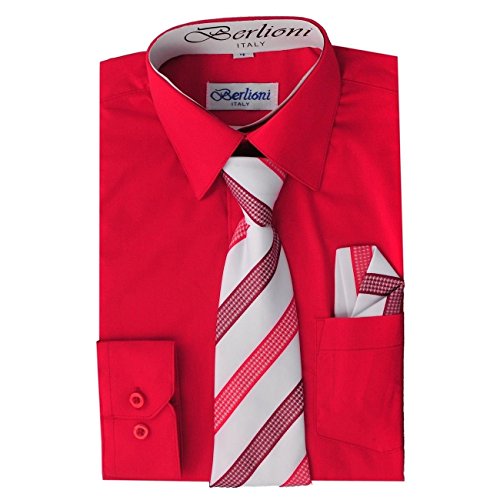 Italy Kids Boys Dress Shirt with Tie & Hanky Long Sleeves Red