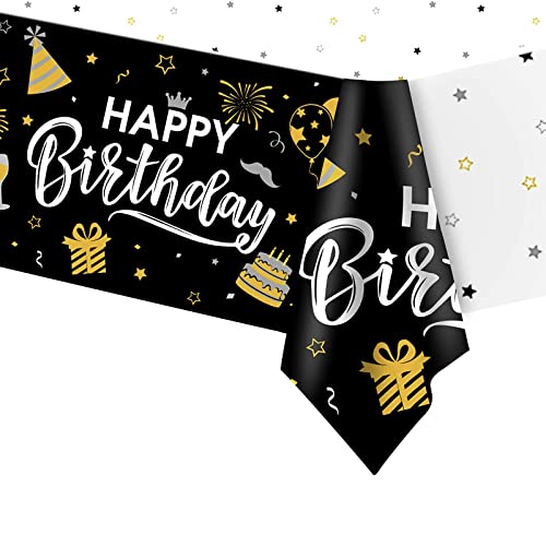 Happy Birthday Disposable Black Gold Table Cloth Table Cover for Him Her, 137 * 274cm Birthday Rectangular Dining Tablecovers Plastic Tablecloths for Girls Boys Men Women Birthday Party Decorations