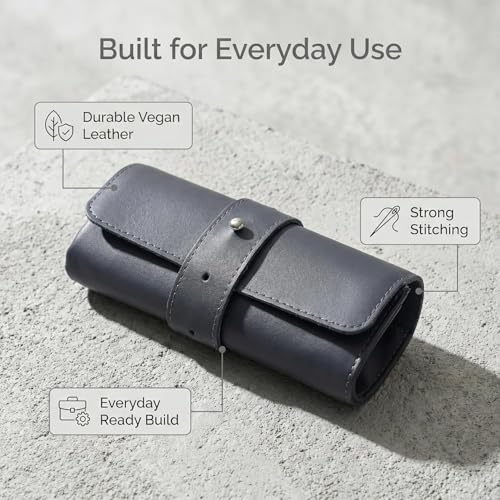 Image of Folk Creations Watch Roll for 4 Watches | Vegan Leather Travel Case for Men | Velvet Cushion Organizer | Gift for Collectors | Scratch-Proof Watch Storage Box, Grey