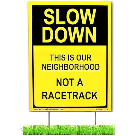 Slow Down This Is Our Neighborhood Not A Racetrack Caution Yard Sign, Bright Yellow, Double Sided with Metal Stand 12"x18", Kids at Play Warning for Street Cover