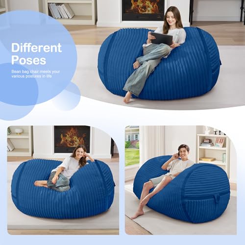 Image of 4FT Bean Bag Chair 4'Big Bean Bag Chairs with Adults, Large Beanbag Chair | Bean bag Lounger with Machine Washable Cover Corded Plush Fabric, Comfy Chairs for Living Room Bedroom Dorm, Blue
