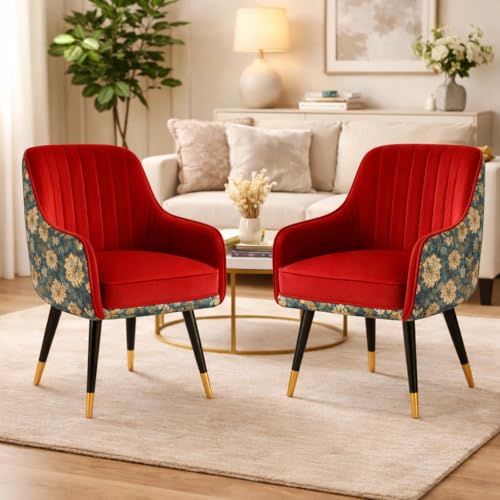Image of Set of 2 Accent Chair for Living Room | Modern Armchair in Soft Velvet Fabric with Sturdy Legs | Premium Chair for Home Living Room Bedroom Restaurent | (Dual Fabric, Red)