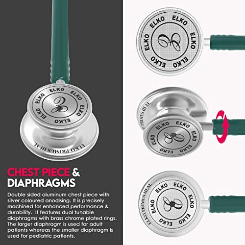 Image of ELKO EL-160 Primus III AL Aluminum Head Stethoscope For Doctors and Medical Students | Double Sided Chest Piece For Adult & Pediatric Patients | U-Shaped PVC Tubing | Soft Sealing Ear Knobs (Green)
