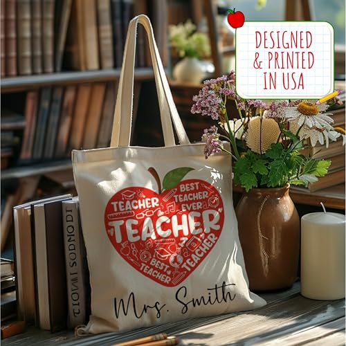 Personalized Teacher Tote Bag with Name – Custom Monogrammed Canvas Shoulder Bag – 6 Aesthetic Designs – Teacher Appreciation, Birthday, Christmas Gift for Women, School or Everyday Use3