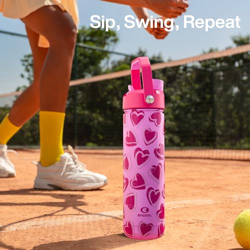 Image of ENCOOL Insulated Water Bottle with Straw Stainless Steel Water Bottle, Leak-Proof, BPA-Free, Keeps Cold for 24 Hours for Sports, Travel, School (26 oz, Sketch Hearts Pink x Pink)