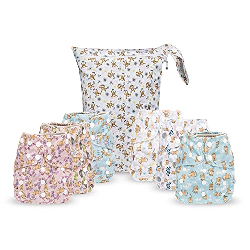 Image of Simple Being Reusable Cloth Diapers, Double Gusset, One Size Adjustable, Washable Soft Absorbent, Waterproof Cover, Eco-Friendly Unisex Baby Girl Boy, six 4-Layers Microfiber Inserts (Monkey)