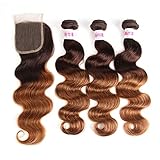 2 Tone Ombre Hair 3 Bundles With Closure Brazilian Virgin Hair Body Weft Human Hair Extensions T4/30 Medium Brown/Medium Auburn(18 20 22with16)