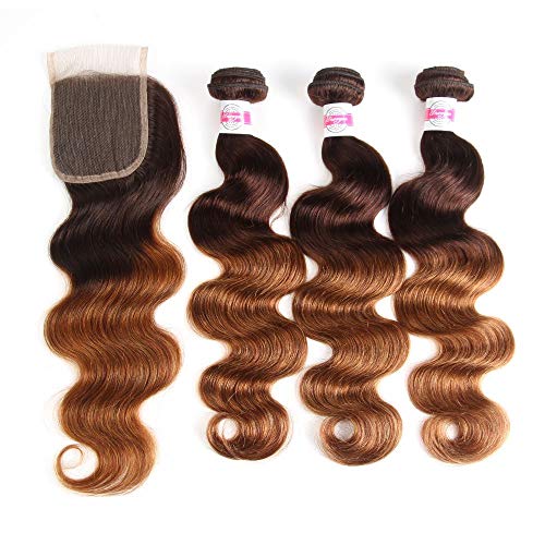 2 Tone Ombre Body Wave Hair 3 Bundles with 4x4 Free Part Lace Closure 100% Unprocessed Brazilian Remy Virgin Hair Body Wave Human Hair Bundles with Closure (18 20 22+16