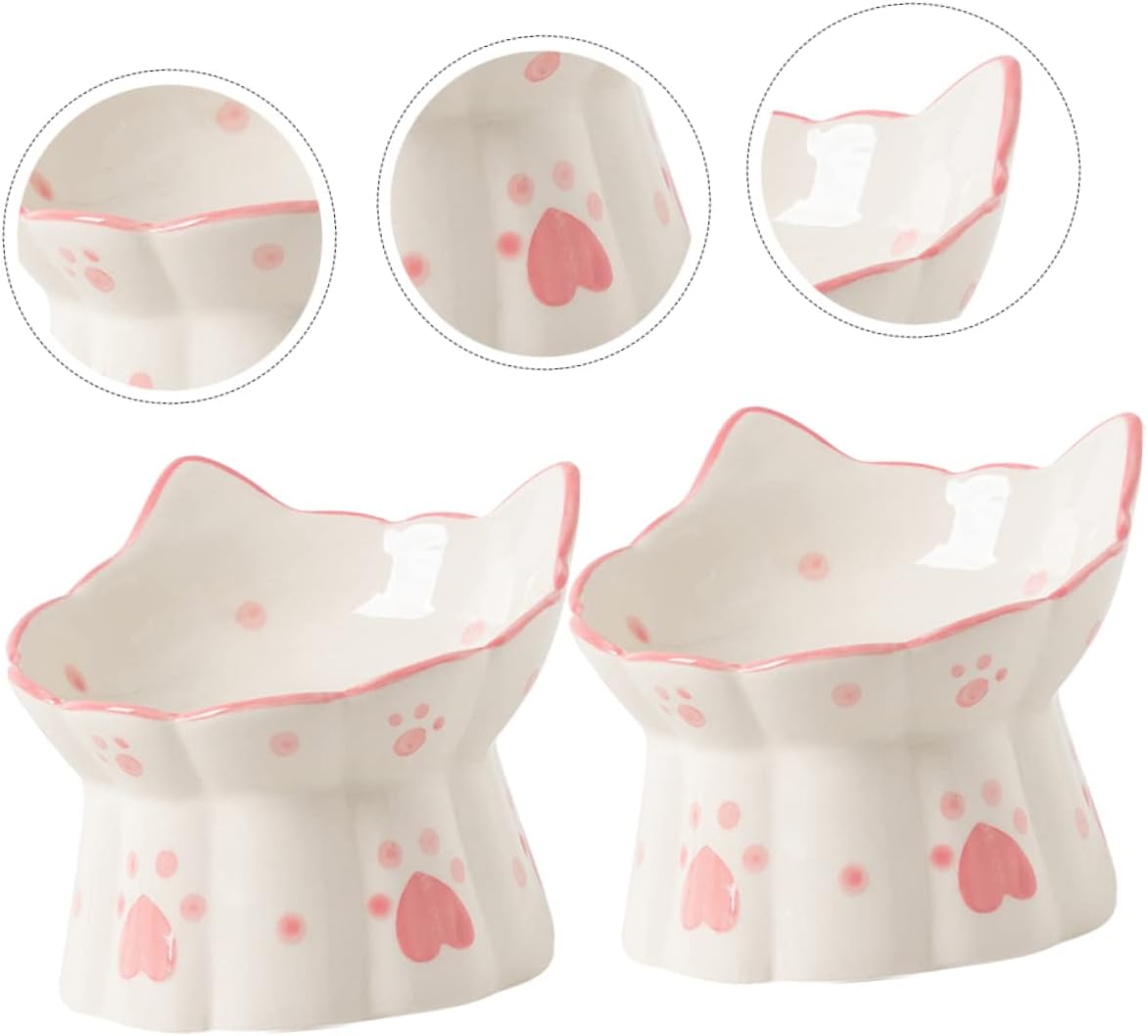 BESPORTBLE 2pcs Elevated Cat Food Bowl Neck Guard Ceramic Pet Feeder Raised Bowl for Cats