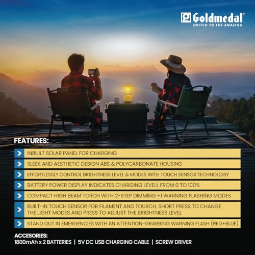 Image of Goldmedal Ranger Solar Filament Lamp - CNW + Red, Blue, Pack of 1 Multi-Function | Warning Lights | Inbuilt Solar Panel | Touch Sensor | USB Charging | Energy Saving