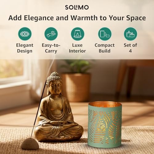 Image of Amazon Brand - Solimo Tea Light Votive - Round Leaf Design, Sea Green Iron with Gold Interior, Set of 4 (Size: L-7.5 cm x W-7.5 cm x H-10 cm)