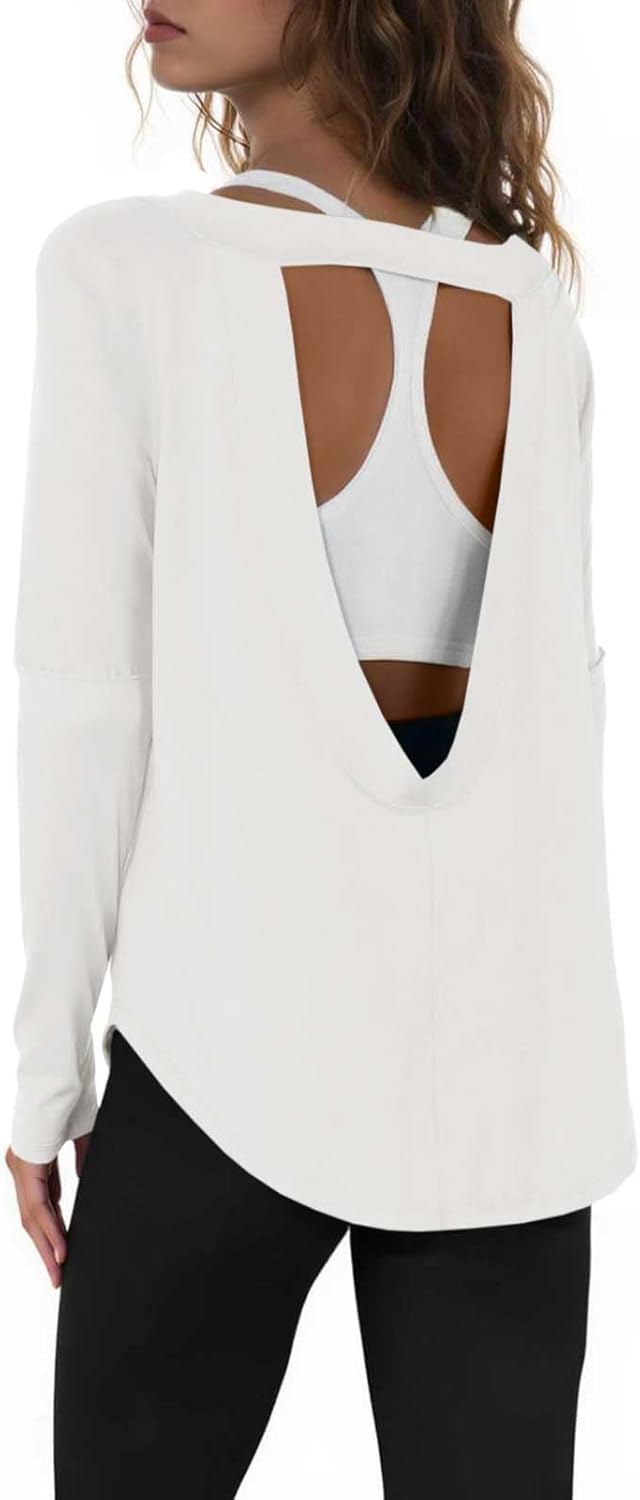 Tankaneo Womens Open Back Workout Shirts Casual Long Sleeve Boat Neck Tops Athletic Gym Yoga Tees with Thumb Holes