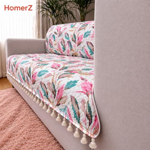 Image of Homerz Premium Printed Quilted Velvet Sofa Slip Cover Protector with Tassels, Sofa Mat, Exact Size, Antislip Cover (Multileaf, 6 (3+2+1) Seater, Full)
