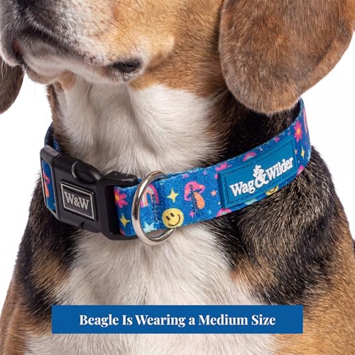 Image of Wag and Wilder Heavy Duty Adjustable Dog Collar for Medium Dogs - Quick Release Buckle & Metal D-Ring (Groovy Trails Blue)