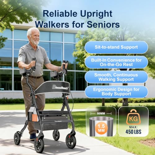 Image of BlessReach Heavy Duty Upright Rollator Walker for Seniors with Seat, Black