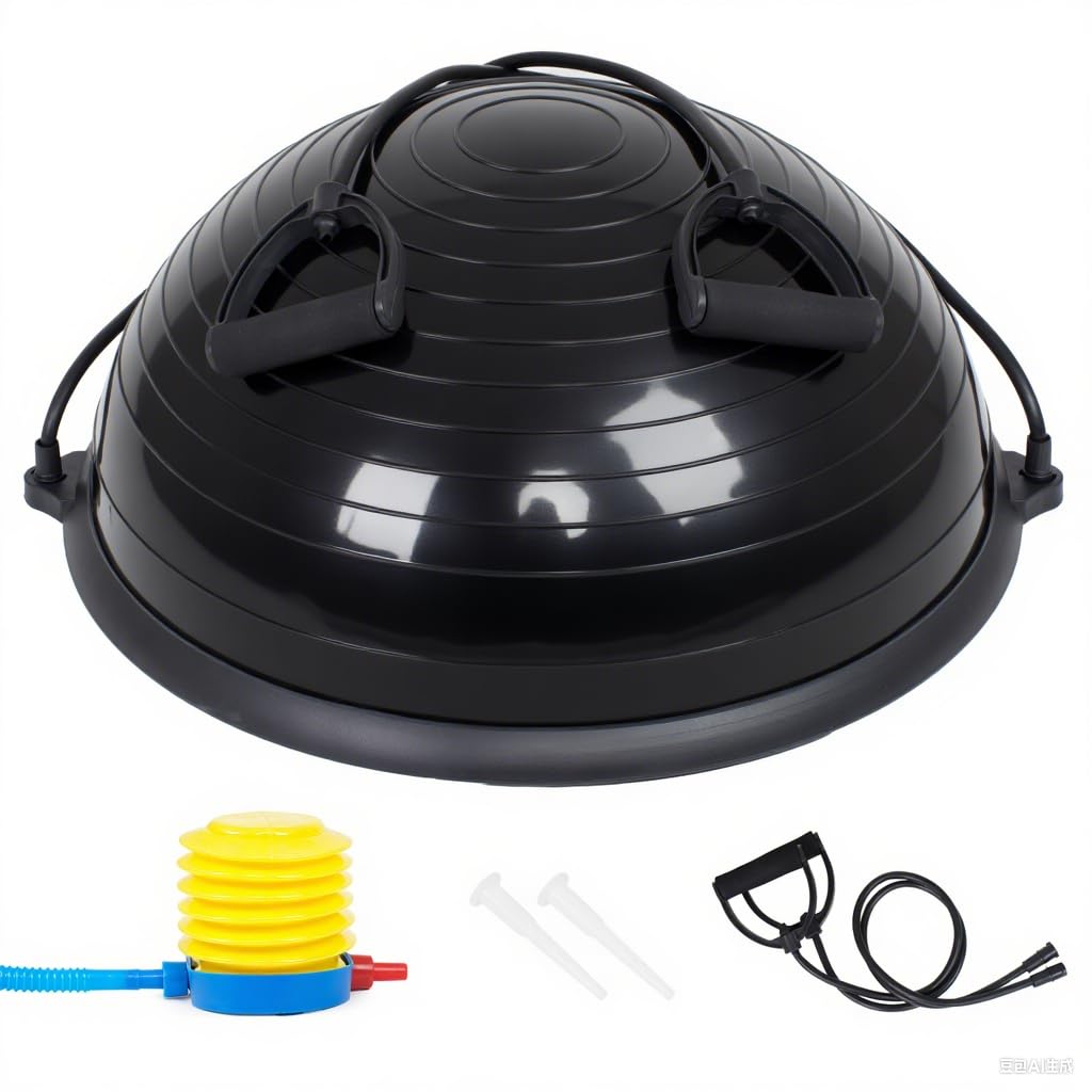 Entrenador De Equilibrio Fitness 58cm – Semiesfera BOSU Con Inflador, 2 Gomas De Resistencia Y Soporte De 120kg Para Yoga Y Pilates