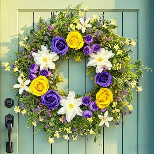 24 Inch Spring Summer Wreath for Front Door – with Yellow Roses, Chrysanthemums, Silk Flowers & Greenery – All-Season Indoor Outdoor Porch, Wedding Backdrop, Farmhouse Wall, Living Room Decor