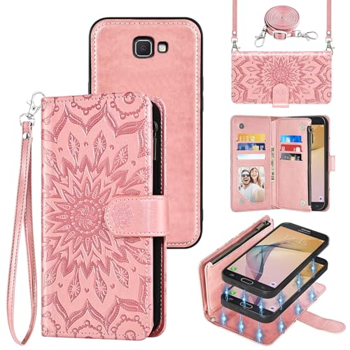 Phone Case for Samsung Galaxy J7 Prime 2017 J 7 Skypro Sky Pro J7V V S727VL Zipper Wallet Magnetic Detachable Cell Cover with Screen Protector Strap Flip Card Holder Halo 7J Perx J7prime Rose Gold