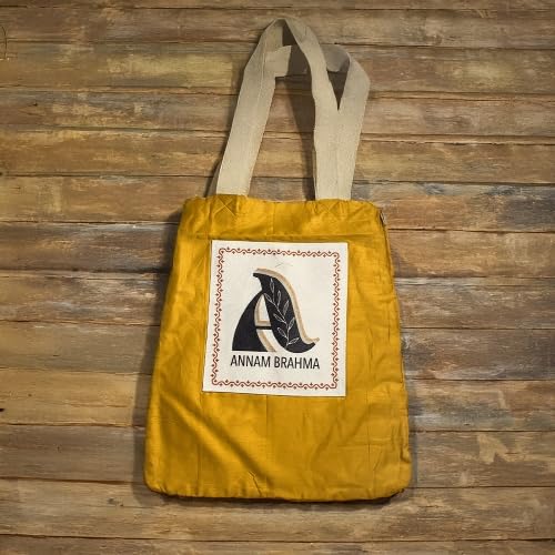 ANNAM BRAHMA Cotton Tote Bag | Stylish Jhola Bag for Women with Pockets | Shopping Grocery, Vegetables, Kitchen Essentials, and Daily Use | Durable, Strong Stitching & Handles (Yellow) 1