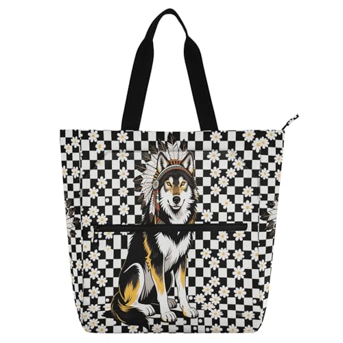 Decorative Book Bag Art Tote Bag for Kids Students Adults, Wolf White Black Checked Lightweight Reusable Book Bag Grocery Bag with Zipper for School Shopping Beach Rainbow bolsa para llevar