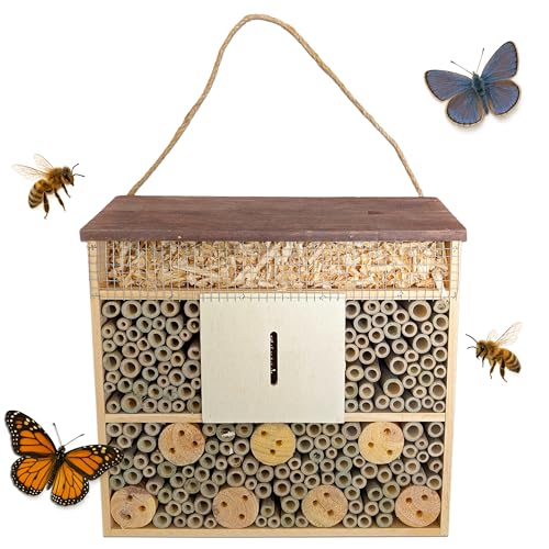 Large Hanging Insect House – Bee & Butterfly Hotel with Bamboo, Drilled Wood & Shavings – Pollinator Nesting Box – Bug Shelter for Gardens
