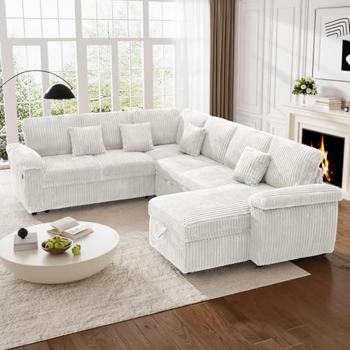 Image of Sectional Sleeper Sofa with Pull Out Bed and Storage Chaise, Fluffy Soft Corduroy Fabric, Modern Comfy U Shaped Couch with USB Charger for Living Room Apartment Small Spaces, Beige White
