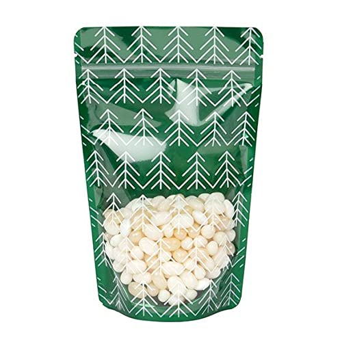 25 Pack Stand Up Pouch | Clear Front, Green Back With Tree Print Design | Christmas Holiday Stand Up Resealable Zipper Pouch | Food Safe | 5 1/8