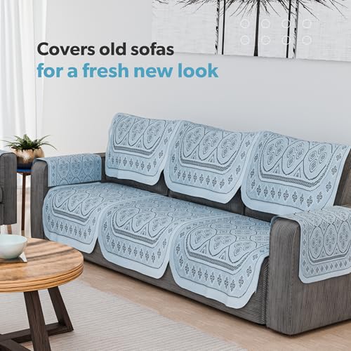 Image of Kuber Industries Soft Net Cotton Sofa Cover 5 Seater Set with Arms for Living Room | Sofa Protector Cover for Home Decor Protection | Galaxy 4 Way Design - Grey