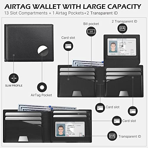 typecase Mens Wallet with AirTag Holder: Secure Holder for Apple Air Tag, Top Grain Leather, RFID Blocking, Bifold, Slim, Minimalist, Large Capacity - 13 Card Slots | 2 ID Windows | 2 Cash Slots3