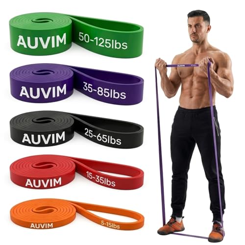 AUVIM Profi Klimmzug-Hilfe Widerstandsbänder Set – 5 Stärken Fitnessbänder aus Premium mit Türanker, Übungsanleitung & Tasche – Krafttraining, Stretching & Physiotherapie Home Gym Equipment
