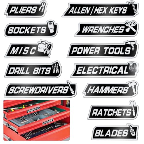 Purdge 12 Pcs Magnetic Tool Box Labels Laser Printed Metal Tool Box Labels Magnet with Embossed Raised Lettering Toolbox Labels for Steel Toolboxes Carts Drawers and Cabinets (Black)