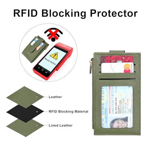 Image of Chelmon Womens Wallet Slim RFID Blocking Bifold Multi Card Case Wallet with Zipper Pocket (Green Army)