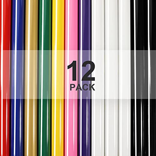 XSEINO HTV Heat Transfer Vinyl for T-Shirts 12"x10" -12Pack Perfect Iron On Vinyl for Cricut, Silhouette Cameo or Heat Press Machine - 9 Assorted Colors Iron on Vinyl(Total 12in*10FT)