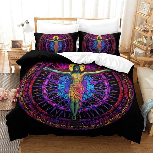 Housse de couette 200x200cm Jésus Doux avec 2 taies d'oreiller pour lit double