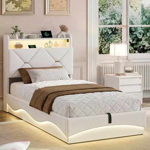 AZJSAHAH Cama tapizada de 90 x 200 cm, cama de almacenamiento hidráulico, cama individual con somier de láminas y espacio de almacenamiento, cabecero con LED y USB, 90 x 200 cm, terciopelo, sin