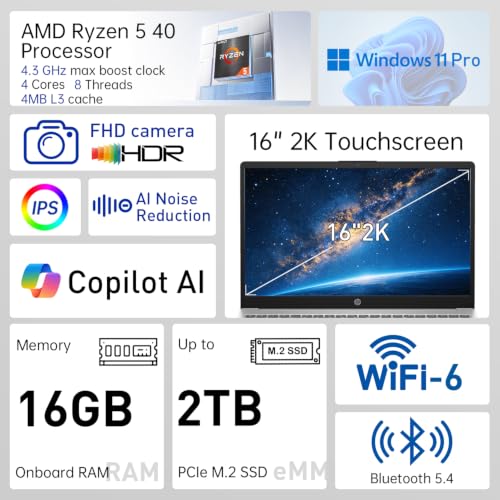 Image of HP OmniBook 3 16 inch 2K IPS Touchscreen Laptop, AMD Ryzen 5 40 CPU, 256GB SSD | Advanced AI Noise Reduction, Numeric Keypad, Microsoft Copilot Key, Webcam w / Shutter, Windows 11 Pro, Glacier Silver