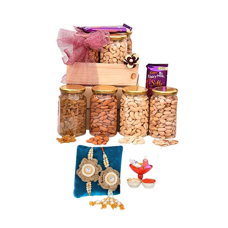 Image of NUTRI MIRACLE Rakhi Dry Fruit & Nut Gifts With Golden Floral Bhai Bhabhi Pair,Cashews,Almonds,Raisins,Pistachios And Silk,450gm