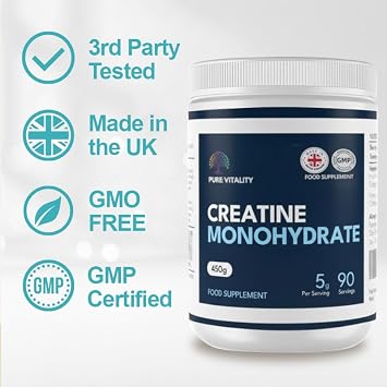 Pure Vitality | Creatine Monohydrate Powder - 450g - Easy Dissolve Creatine Powder, Unflavoured & Micronised | Vegan Creatine for Women and Men | Made in THE UK | Scoop Included