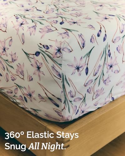 Image of Queen 4 Piece Boho Botanical Floral Sheet Set - Breathable & Cooling - Iris | 1 Flat, 1 Fitted & 2 Pillowcases w / Deep Pockets, Boho Botanical Floral Bedding, Breathable & Cooling, Wrinkle & Fade Free