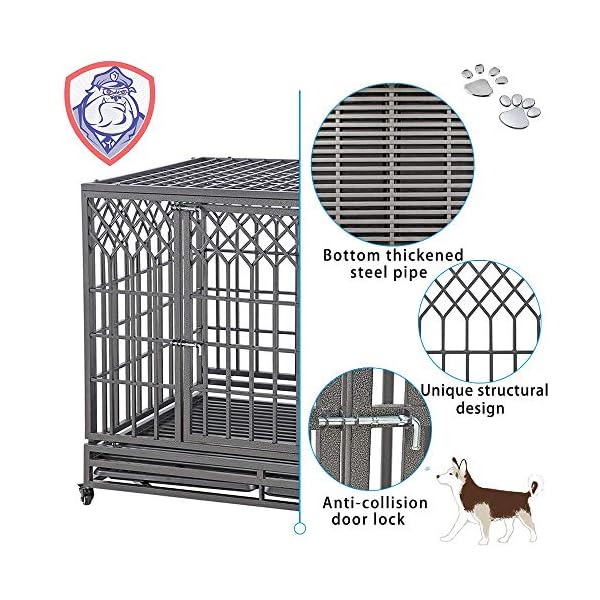 SMONTER 46″ Heavy Duty Dog Crate Strong Metal Pet Kennel Playpen with Two Prevent Escape Lock, Large Dogs Cage with Wheels, Y Shape, Dark Silver SMONTER 46″ Heavy Duty Dog Crate Strong Metal Pet Kennel Playpen with Two Prevent Escape Lock, Large Dogs Cage with Wheels, Y Shape, Dark Silver