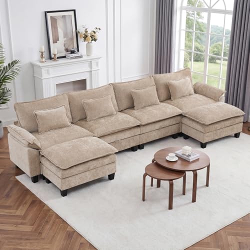 Image of IPKIG 151 inch Modular Cloud Couch with Storage, U Shaped Sectional Sofa with Ottoman & Pillow, Chenille Deep Seat Sectional Couches for Living Room, Apartment, Khaki,