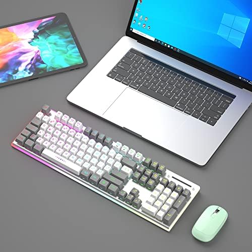 Wireless Gaming Keyboard, 2.4G Rechargeable RGB LED Backlit Office Keyboard with Sidelight & Metal Panel, MageGee V510 Ergonomic Waterproof Wireless Quiet Keyboard - Gray & White