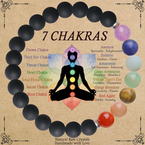 ZaisuiFun 7 Chakra Bracelet for Women, Healing Stones for Anxiety Relief, Spiritual Crystal Energy Bracelet for Meditation, Relaxation Positive Vibes,Black,M