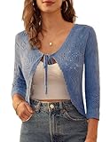 Tie Front 3/4 Sleeve Bolero Cardigan Shrug Sweater Bow Knotted Lightweight Open Front Short Shawl Top for Wedding Blue M