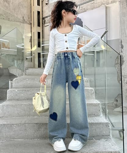 Y2K Cute Baggy Heart Print Jeans for Girls Kids High Waisted Straight Wide Leg Elastic Waist Pull On Jean Pants 8-14 Years3