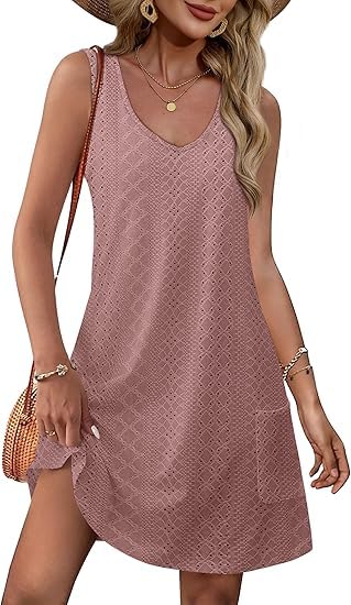 Desol Sommerkleid Damen, Strandkleid V-Ausschnitt, Ärmelloses Tunika-Kleid mit Taschen, Lockeres Freizeit- & Festkleid für Sommer, Urlaub & Alltag